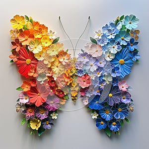 A beautiful and vibrant isolated vibrant butterfly made out of summer flowers, on a white background, natures beauty