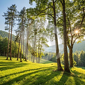 Sunny Forest Trees and Green Grass photo