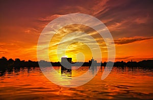 Beautiful vibrant sunset scene in Bucharest, Herastrau Park