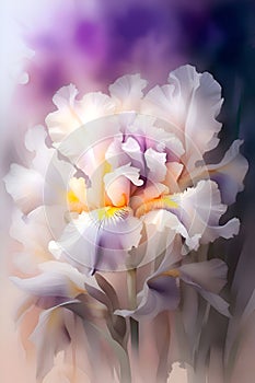 beautiful vibrant white-purple iris flowers against colorful abstract background. Digital art in paint watercolor style. Ai