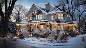 Beautiful Victorian Christmas Decorated House on A Winter Evening