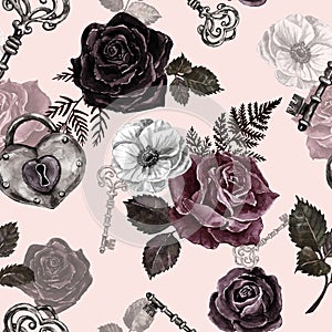 Victorian gothic style seamless pattern with watercolor red, black and burgundy roses, vintage key and padlock on pink background