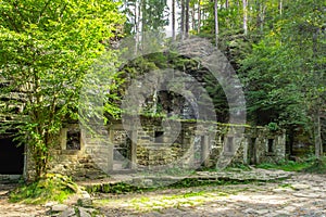 Beautiful view of abandoned Dolsky Mill in the valley of the Kamenice river,Bohemian Switzerland.Fairytale land.Mythically