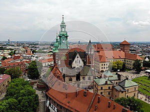 Beautiful view from above. Great view on the Wawel castle, the pearl of old part of Krakow city. Poland, Europe. Drone photography