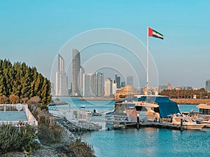 Beautiful view of Abu Dhabi city corniche landmarks, famous Etihad towers and towers