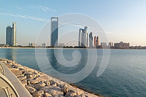 Beautiful view of Abu Dhabi city famous towers, buildings and beach Etihad towers