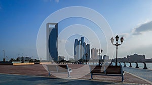 Beautiful view of Abu Dhabi city street, famous skyscrapers, and towers