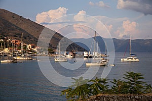 Beautiful view of Agia Efimia marina with sail boats and yachts, Kefalonia island, Ionian Sea, Greece - in summer.