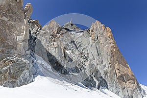 Beautiful view of the Aiguille du Midi from Col du Midi des Grands in the French Alps, Chamonix Mont-Blanc, France