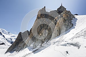 Beautiful view of the Aiguille du Midi from Cosmique refuge in the French Alps, Chamonix Mont-Blanc, France photo