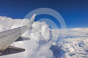 Beautiful view from an airplane window of a blue sky with white clouds during the flight