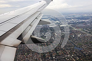 Beautiful view from airplane window during landing at airport into of city of Miami.