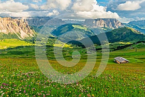 Beautiful view on Alpe di Siusi or Seiser Alm with Sassolungo or Langkofel mountain group in clouds from Seceda