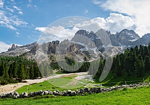 Beautiful view of alpine pasture with cows in Dolomites, Italy