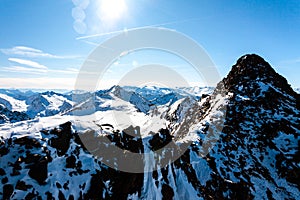 Beautiful view of the Alps mountains in sunny winter day, Austria, Stubai, Stubaier Gletscher resort