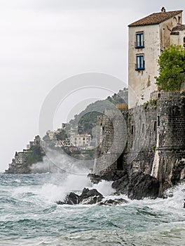 Beautiful view of the Amalfi Coast during a rough day at sea, Campania, Italy