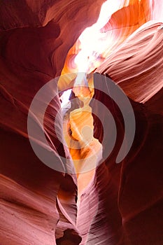 Beautiful view of amazing sandstone formations in famous Antelope Canyon on a sunny day near town Page. Arizona, USA