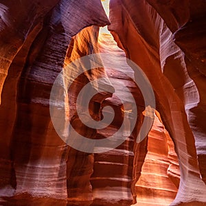 Beautiful view of amazing sandstone formations in famous Antelope Canyon on a sunny day near town Page. Arizona, USA