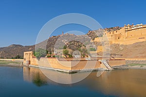 Beautiful view of Amber fort and Amber palace with its large ramparts and series of gates and cobbled paths, Constructed of red sa