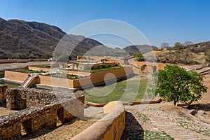 Beautiful view of Amber fort and Amber palace with its large ramparts and series of gates and cobbled paths, Constructed of red sa