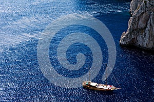 Beautiful view of anchored yachts by Capri Island