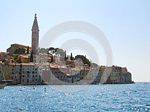 Beautiful view of the ancient city, the island and the sea . Rovinj, Istria, Croatia. Aerial shot