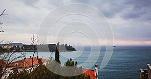 Beautiful view of the ancient city, the island and the sea on which the ship sails. Rovinj, Istria, Croatia