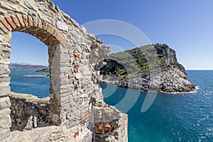 Beautiful view of the ancient walls and the natural park of Portovenere and Palmaria island, Liguria, Italy