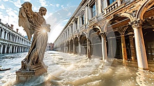 a beautiful view of an angel statue on the front of a building in venice,