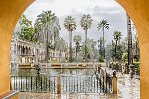 Beautiful view through an arch of a fountain and palm trees