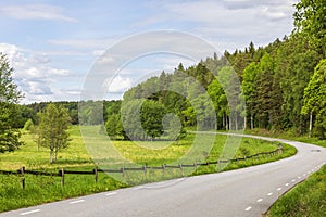 Beautiful view of asphalt road running along forests and fields.