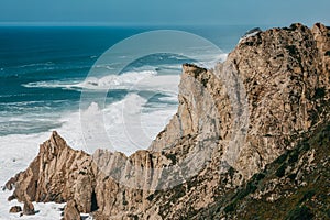 Beautiful view of the Atlantic Ocean from the western point on Cape Roca in Portugal