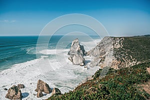 Beautiful view of the Atlantic Ocean from the western point on Cape Roca in Portugal