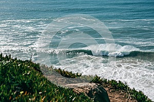 Beautiful view of the Atlantic Ocean from the western point on Cape Roca in Portugal