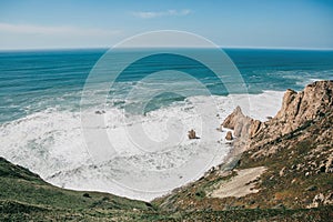 Beautiful view of the Atlantic Ocean from the western point on Cape Roca in Portugal