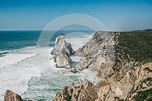 Beautiful view of the Atlantic Ocean from the western point on Cape Roca in Portugal