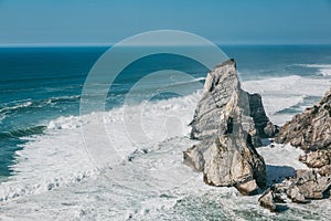 Beautiful view of the Atlantic Ocean from the western point on Cape Roca in Portugal