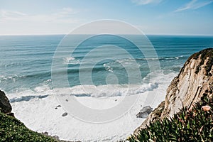 Beautiful view of the Atlantic Ocean from the western point on Cape Roca in Portugal