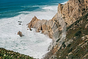 Beautiful view of the Atlantic Ocean from the western point on Cape Roca in Portugal