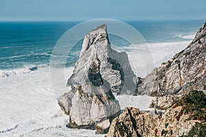 Beautiful view of the Atlantic Ocean from the western point on Cape Roca in Portugal