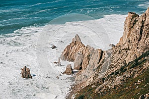 Beautiful view of the Atlantic Ocean from the western point on Cape Roca in Portugal