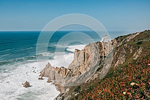 Beautiful view of the Atlantic Ocean from the western point on Cape Roca in Portugal