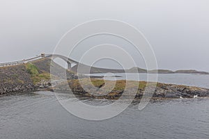 Beautiful view at Atlantic road bridge in foggy weather, Norway