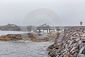 Beautiful view at Atlantic road bridge in foggy weather, Norway