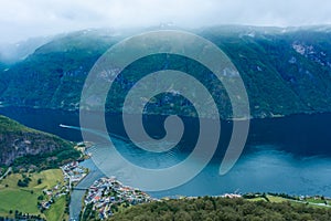 Beautiful view of the Aurland Fjord from Stegastein lookout,  Norway