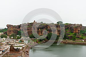 Beautiful view of Badami rockcut cave temples,with agasthya lake,India. photo