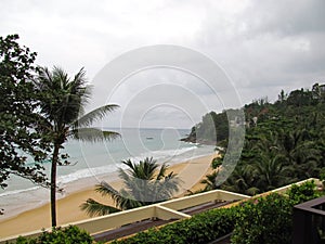 Beautiful view from balcony hotel ocean palm tree beach Luxury resort, background