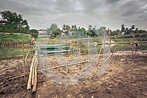 Beautiful view of a bamboo bridge. Laos landscape.