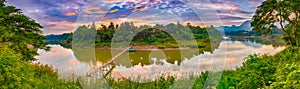 Beautiful view of a bamboo bridge. Laos landscape. Panorama