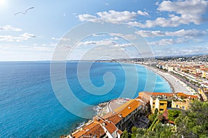 Beautiful view of the Bay of Angels on the Riviera in Nice France